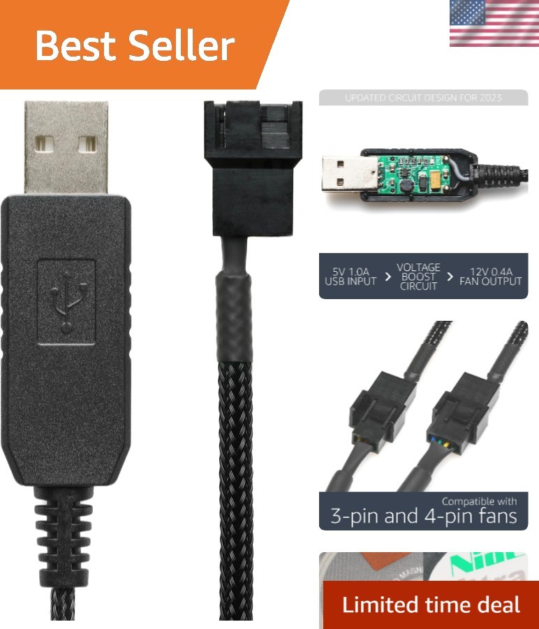 Versatile 12-Inch USB Adapter for Cooling Fans - Sleek Black Sleeved Design