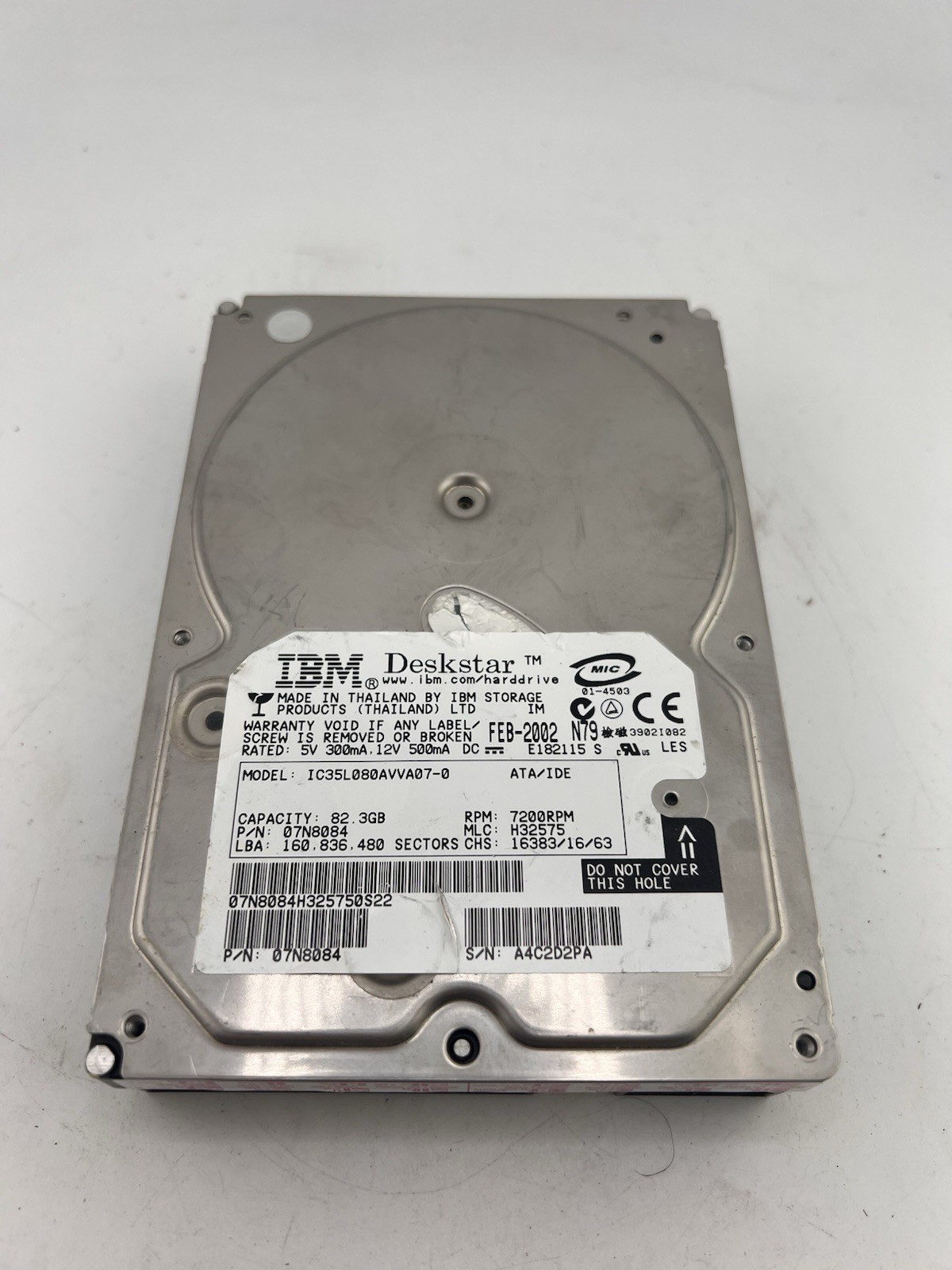 IBM Deskstar IC35L080AVVA07-0 HDD Internal Hard Drive 82.3GB ATA/IDE For Parts