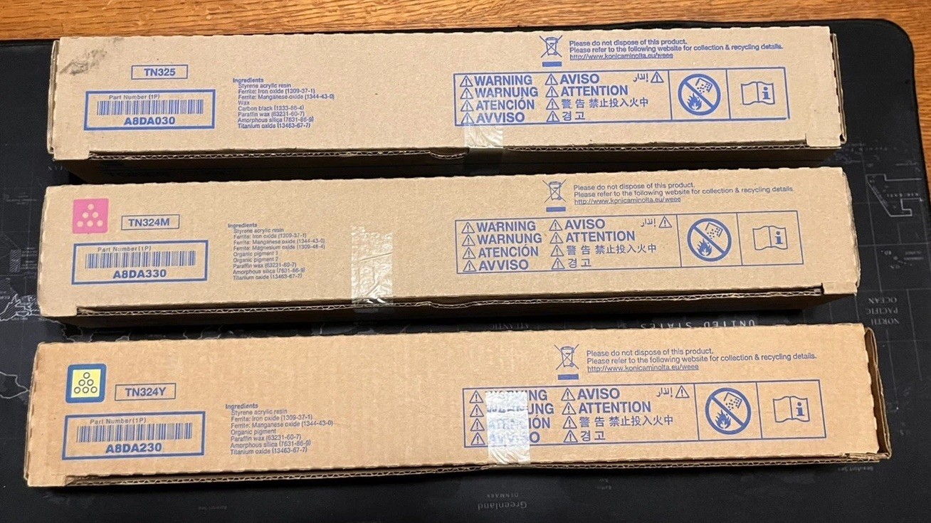 Lot of Genuine Konica Minolta Toners TN324Y A8DA230 TN324M A8DA330 TN325 A8DA030