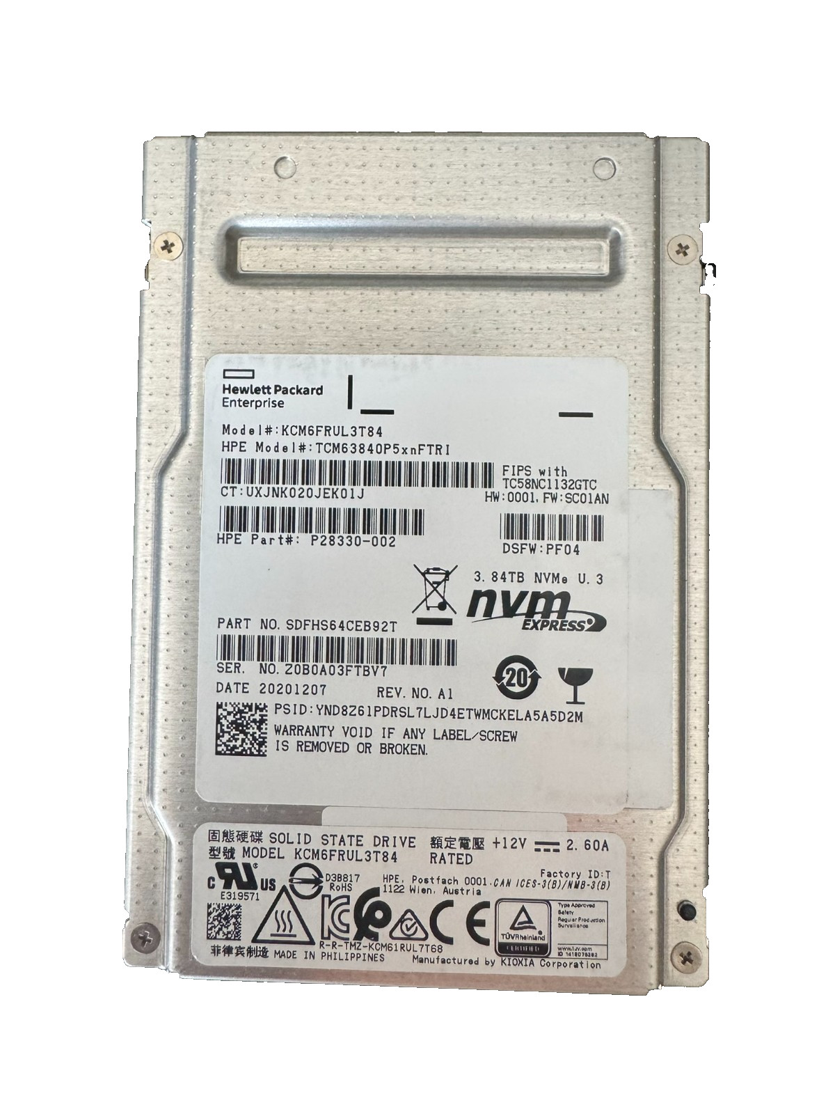 HPE Toshiba KIOXIA 3.84TB 2.5" PCIe Gen4.0 x4, NVMe SSD/LOW HOURs/100% HEALTH