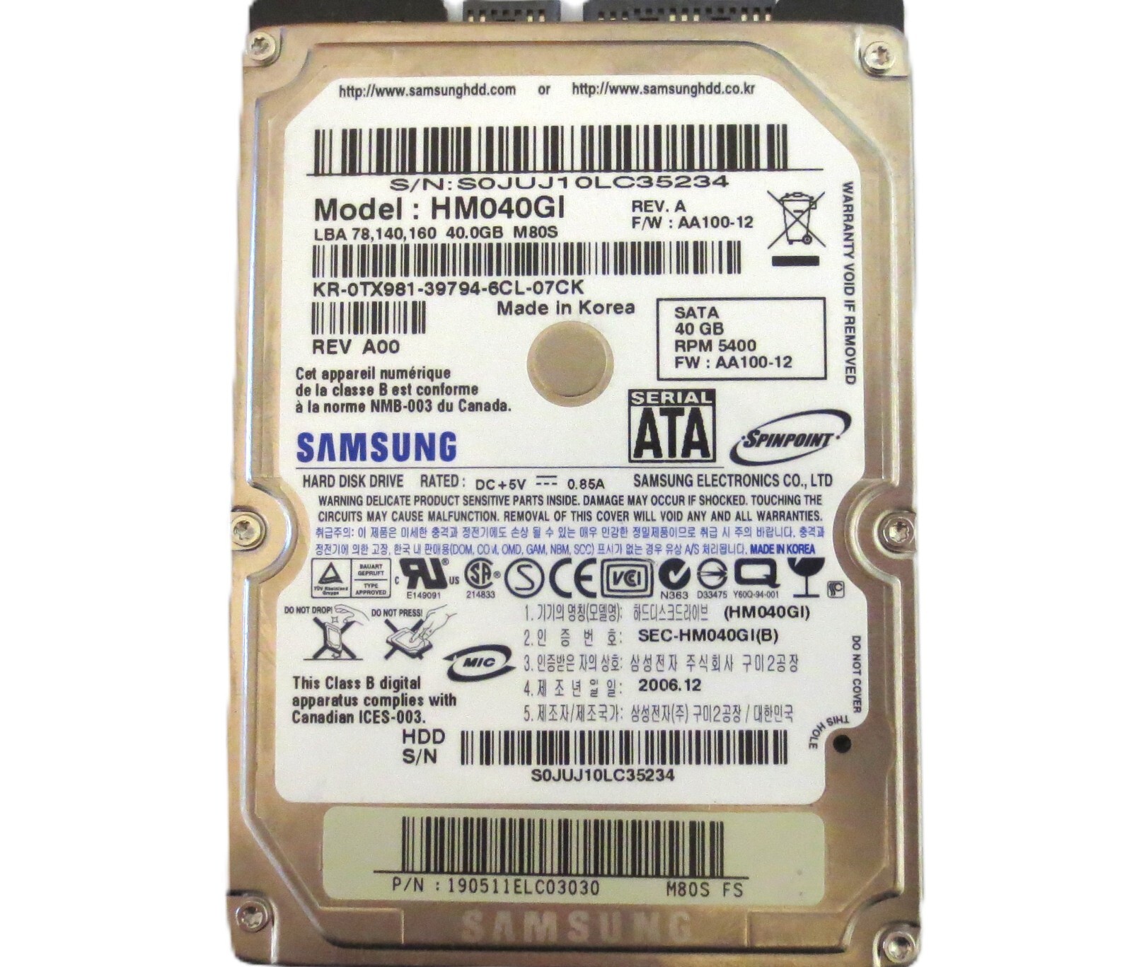 Samsung HM040GI Rev.A AA100-12 M80S FS (S0J) Korea 40gb 2.5" Sata HDD 2006.12