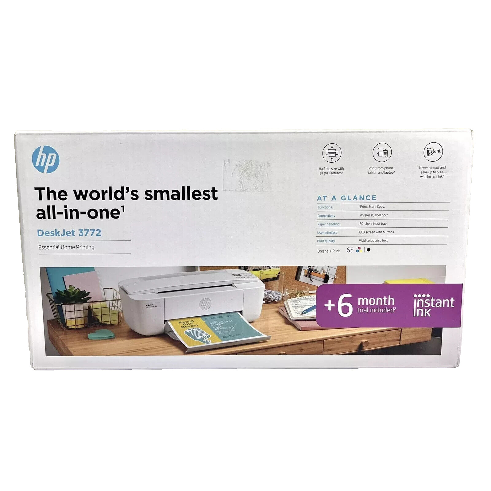 New HP Deskjet 3772/3755/3752 Printer-All in One-Wireless +Free HP 65 INK-Fast