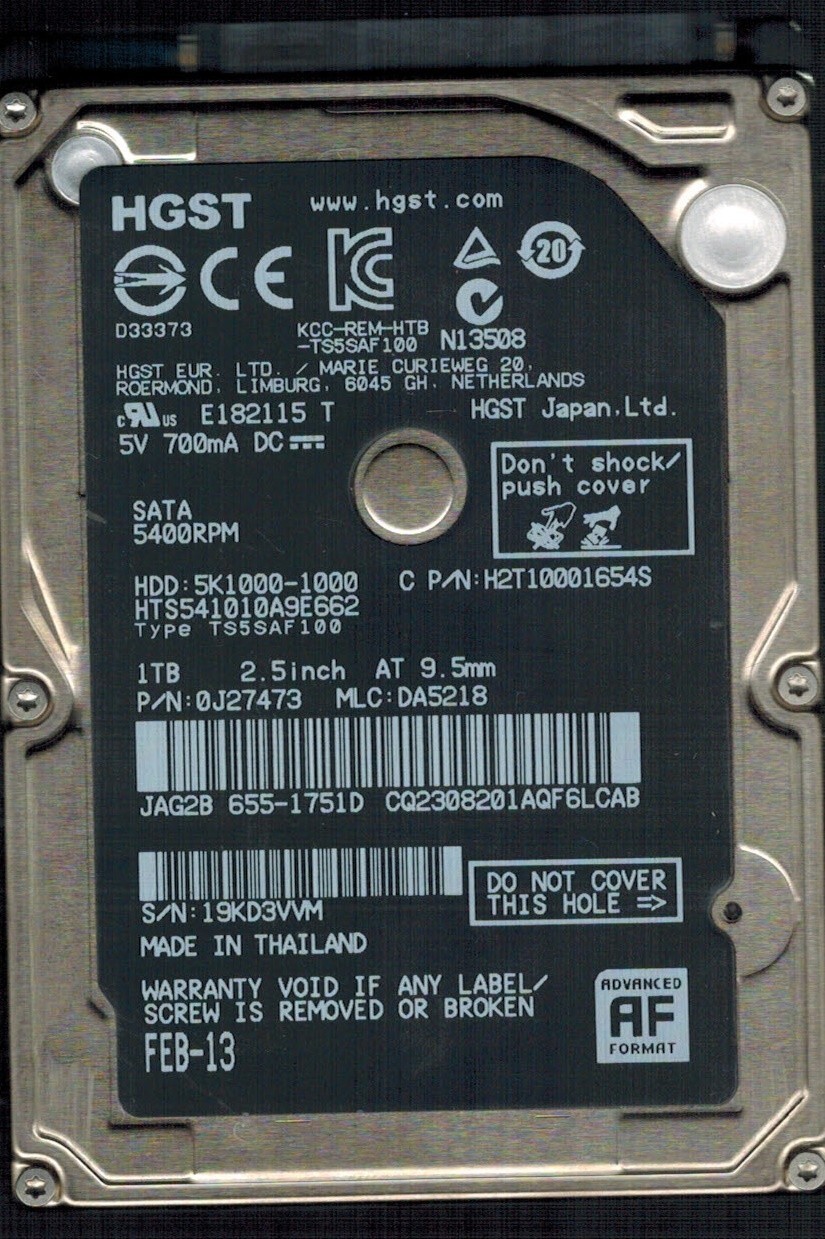 HTS541010A9E662 P/N: 0J27473 MLC: DA5218 THAILAND FEB 2013 HGST 1TB