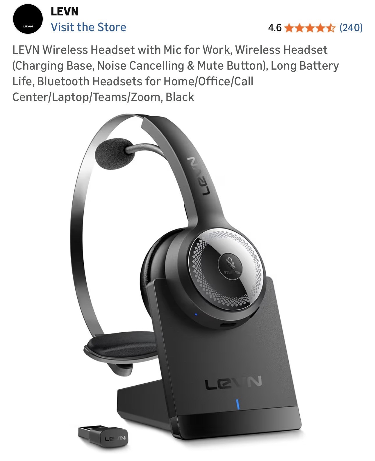 LEVN Wireless Headset with Mic (Charging Base) Noise Cancelling & Mute Button)