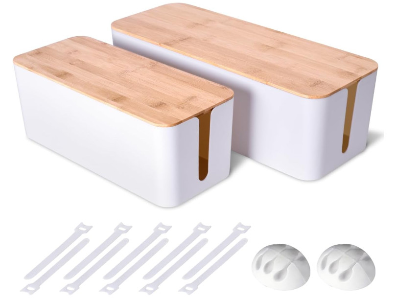 Pack 2 Cajas Organizadoras de Cables, Estilo Madera, para TV, Escritorio y Ofici