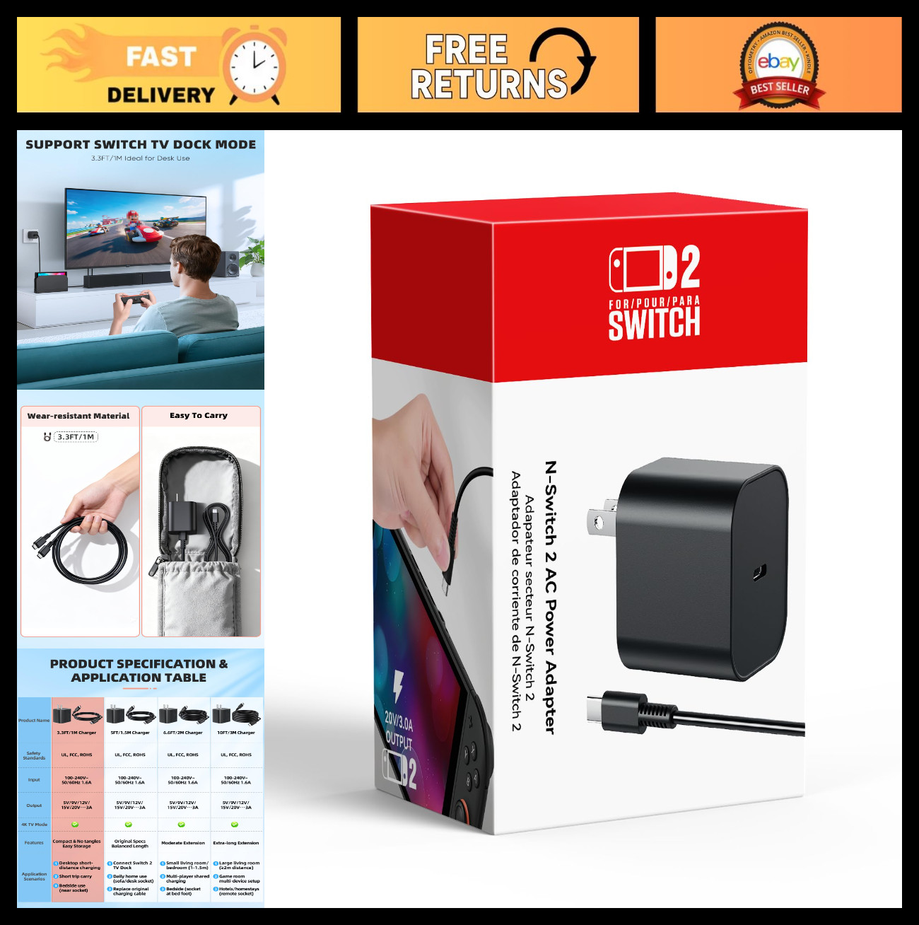 Switch 2 Charger with 6.6FT/2M USB-C Cable - 60W AC Power Adapter