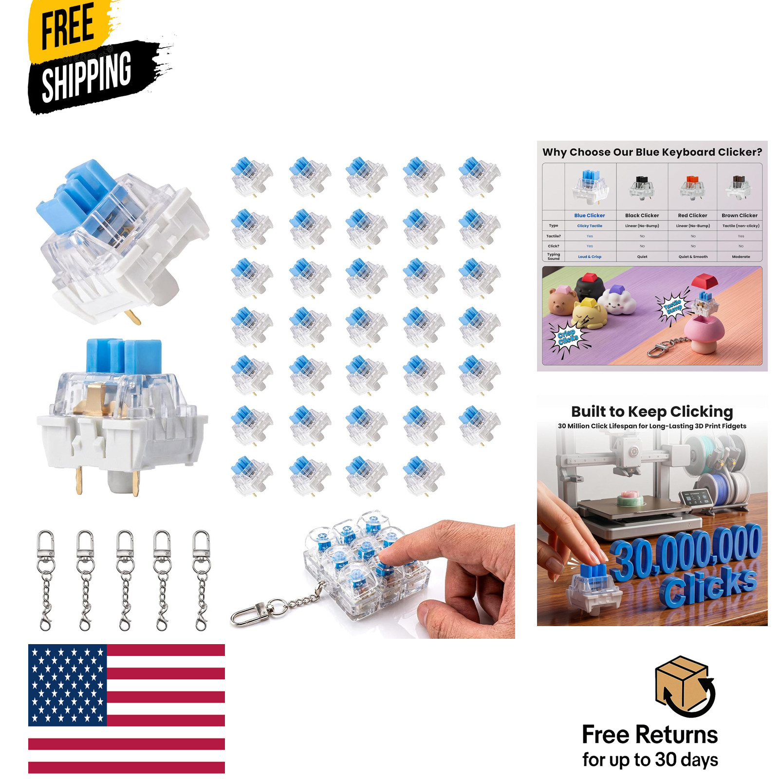 36PCS Keyboard Clickers for 3D Prints, Clicky Mechanical Keyboard Switches
