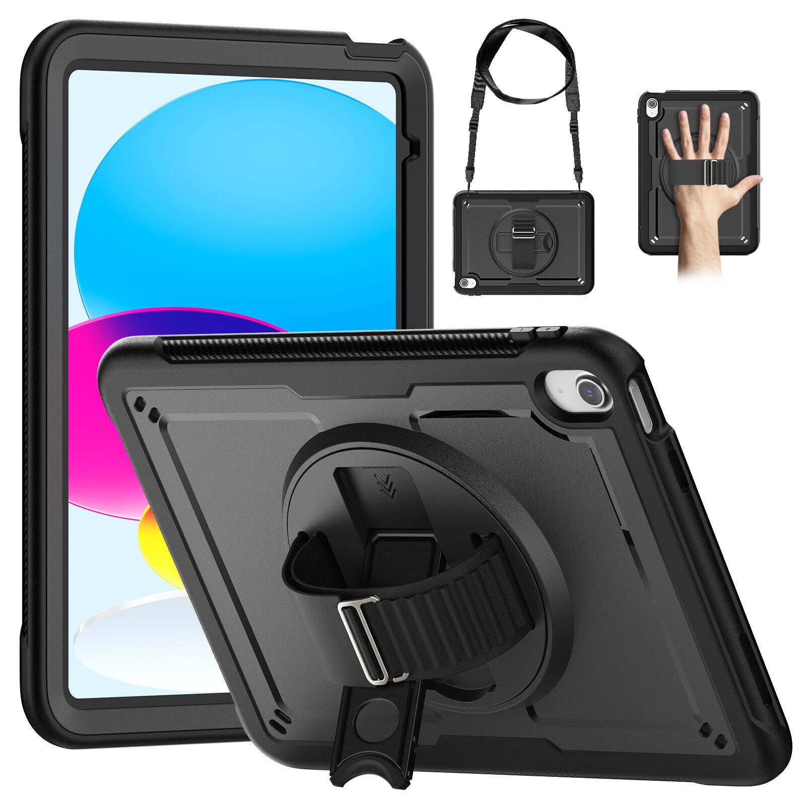 Fr iPad Pro /Air 13" 11" 10.9" 10.2" Heavy Duty Rotated Case with Carrying Strap