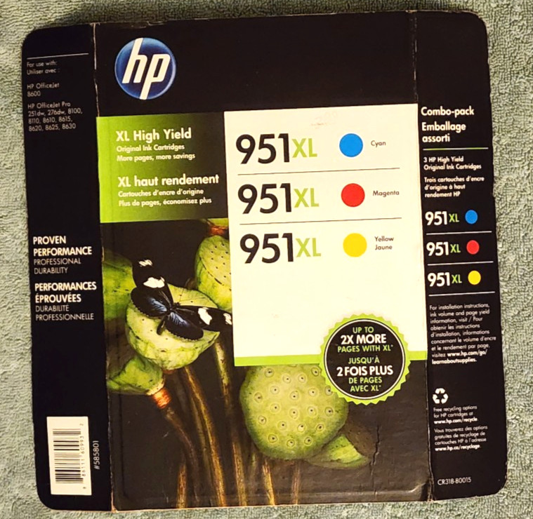 HP 951XL Color Ink Cartridges - Cyan/Magenta/Yellow 3-Pack Genuine OEM CR318BN