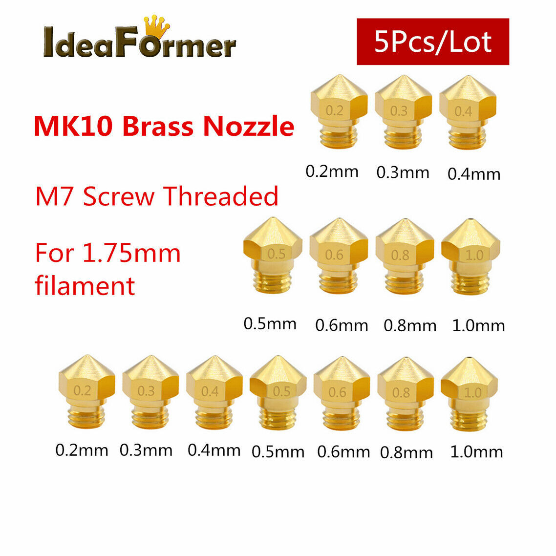 5Pcs 3D Printer MK10 Brass Nozzle Bore 0.2-1.0mm M7 Thread 1.75mm filament.