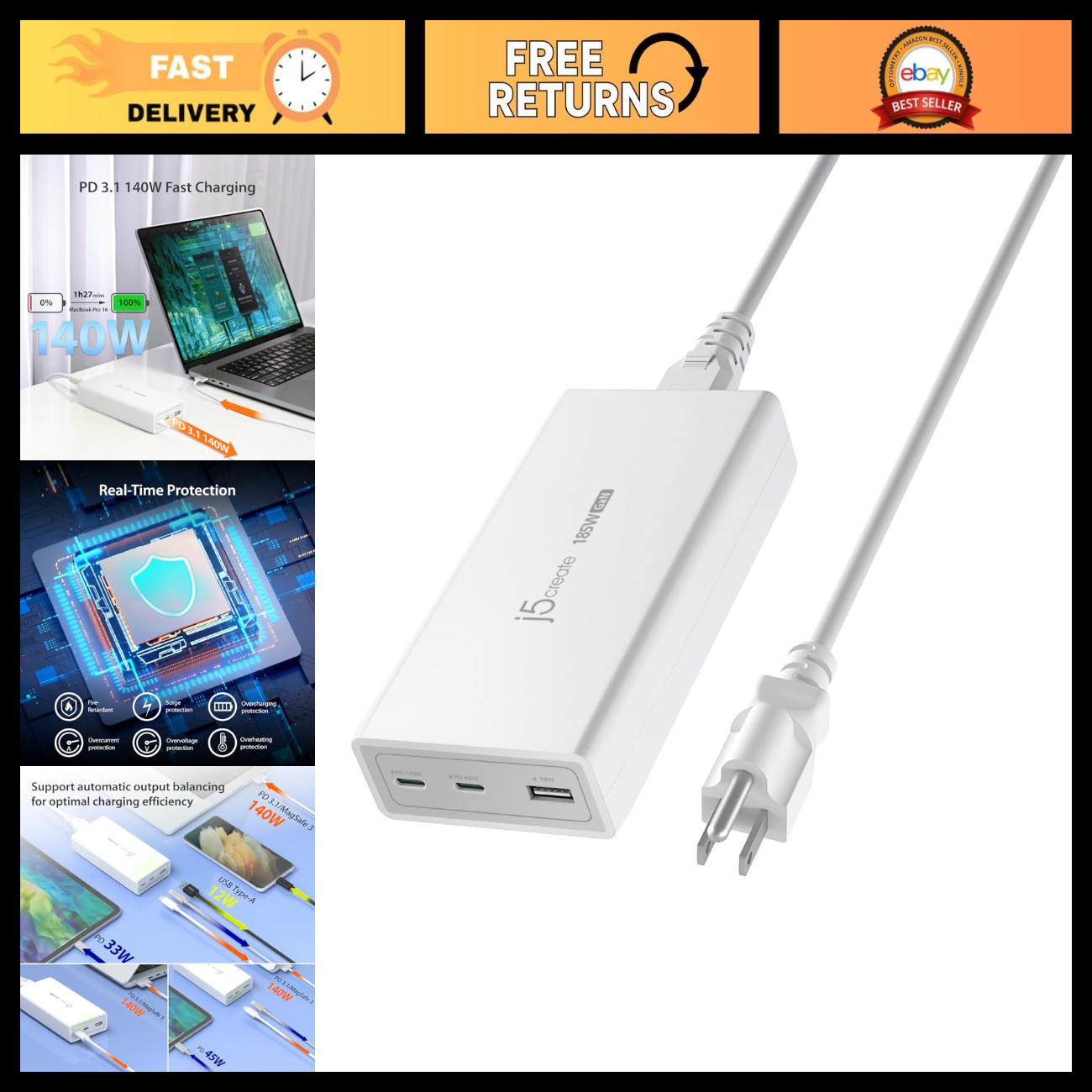 185W GaN USB-C/A 3-Port Laptop Charger, Power Delivery 3.1, Fast Charging Adapte