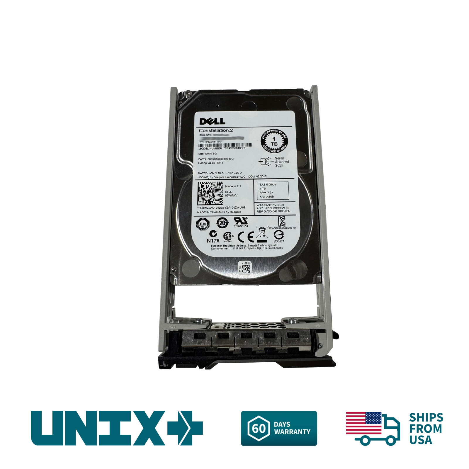 Dell 9W5WV 1TB SAS 2.5" 6Gbps 7.2K RPM Enterprise Drive w/ Caddy for Dell Server