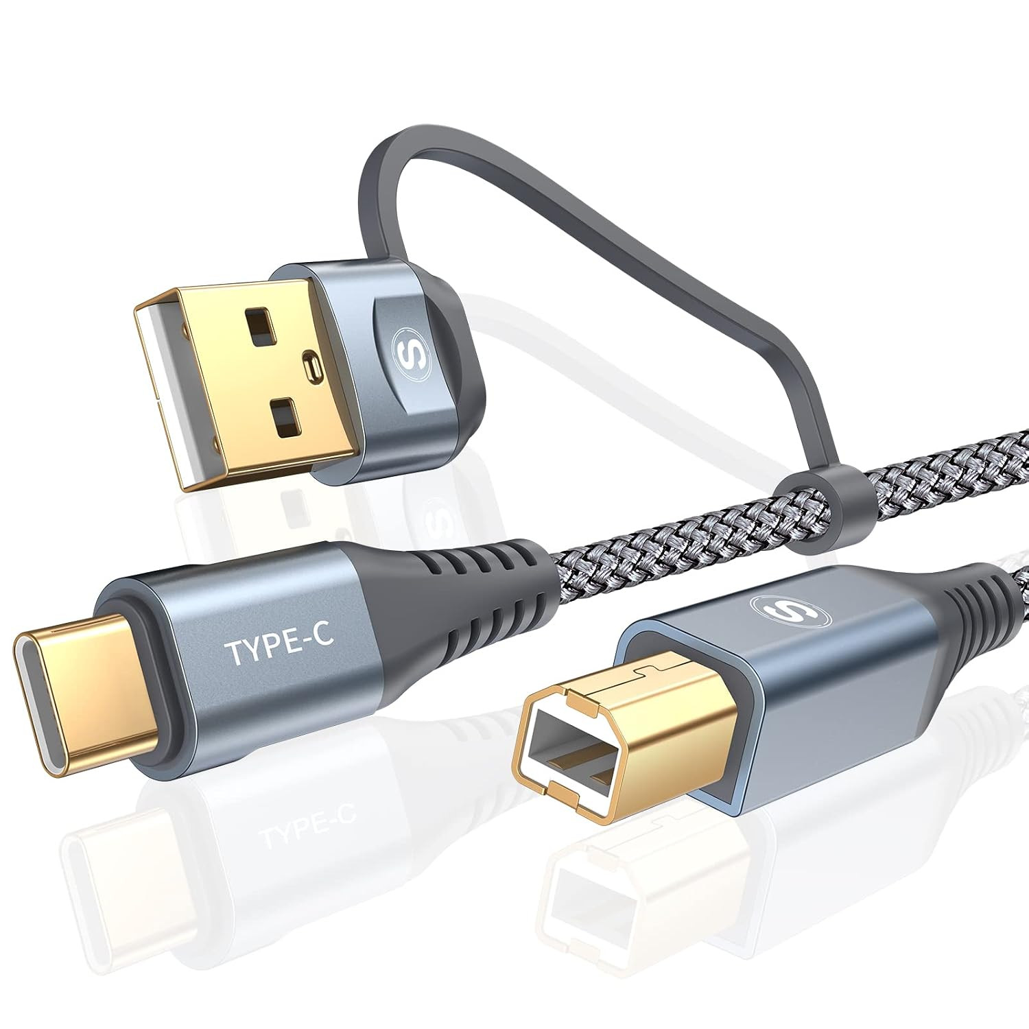 Printer Cable 2-In-1 USB-A/C to USB-B Cable High Speed Braided 10Ft Grey