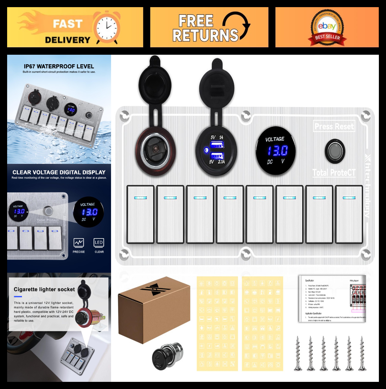 Waterproof 8 Gang Toggle Switch Panel with Dual USB & Voltmeter for Boats, RVs,