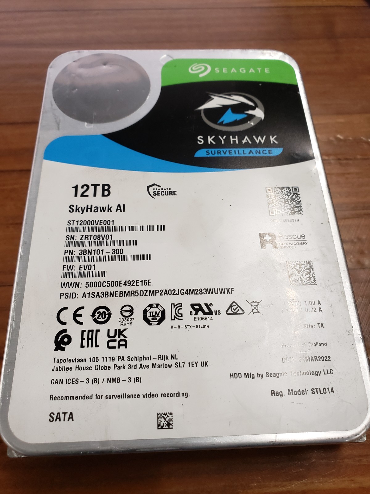 Seagate SkyHawk AI 12TB 3.5" SATA 7200RPM ST12000VE001-Wiped & S.M.A.R.T. Passed