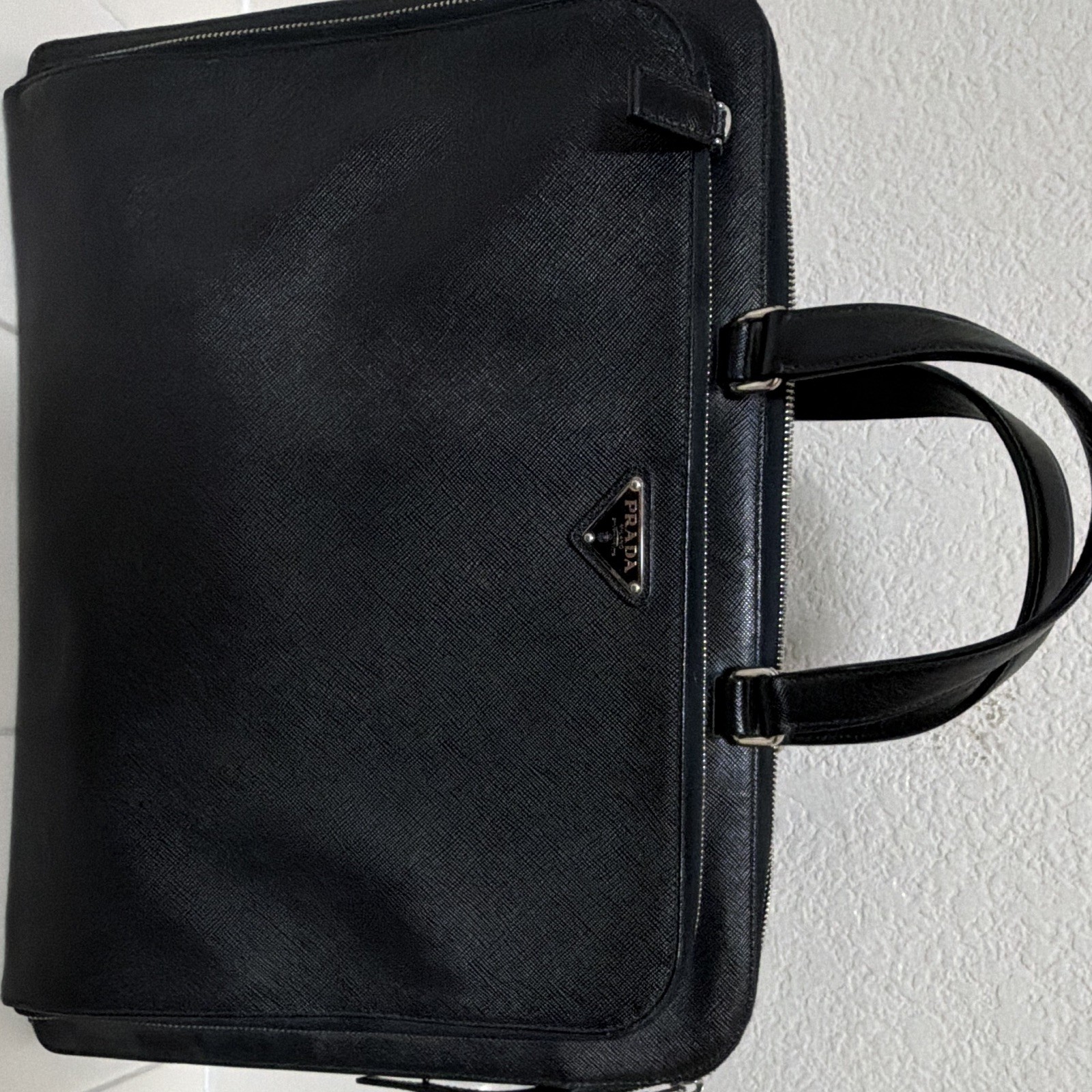 PRADA Black Leather Briefcase Laptop Bag, Fits 13 in, Solid, Universal
