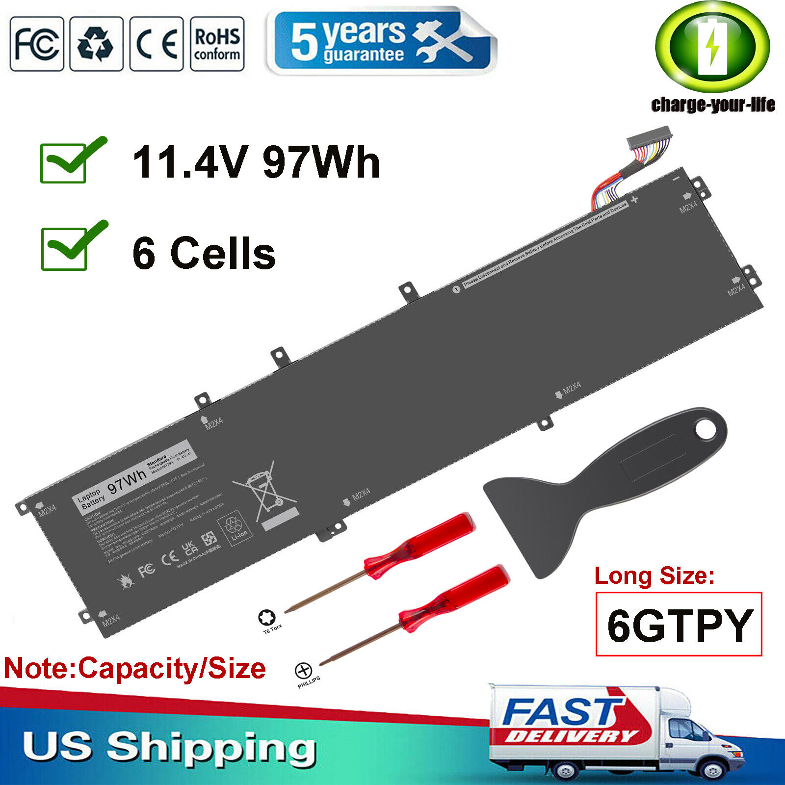 Battery 6GTPY For Dell XPS 15 9550 9560 9570 7590 Precision 5510 5520 5530 97Wh