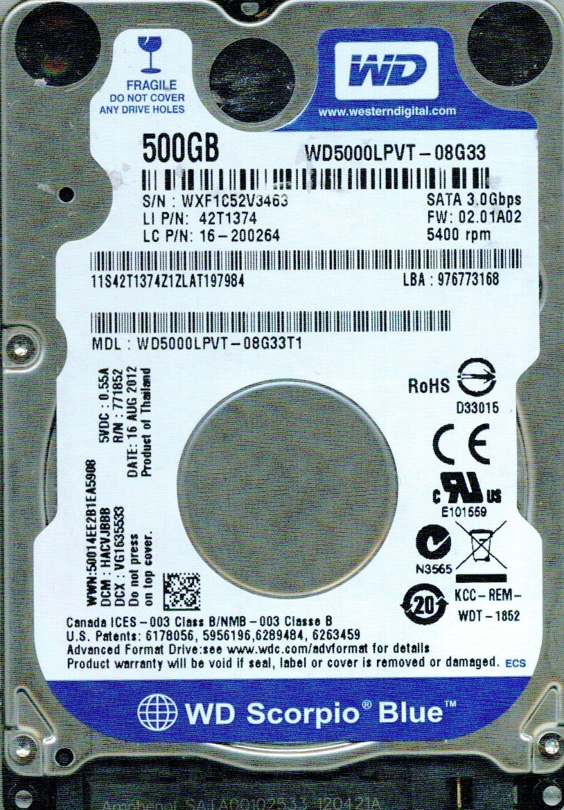 WESTERN DIGITAL SATA 500GB WD5000LPVT-08G33T1 DCM: HACVJBBB