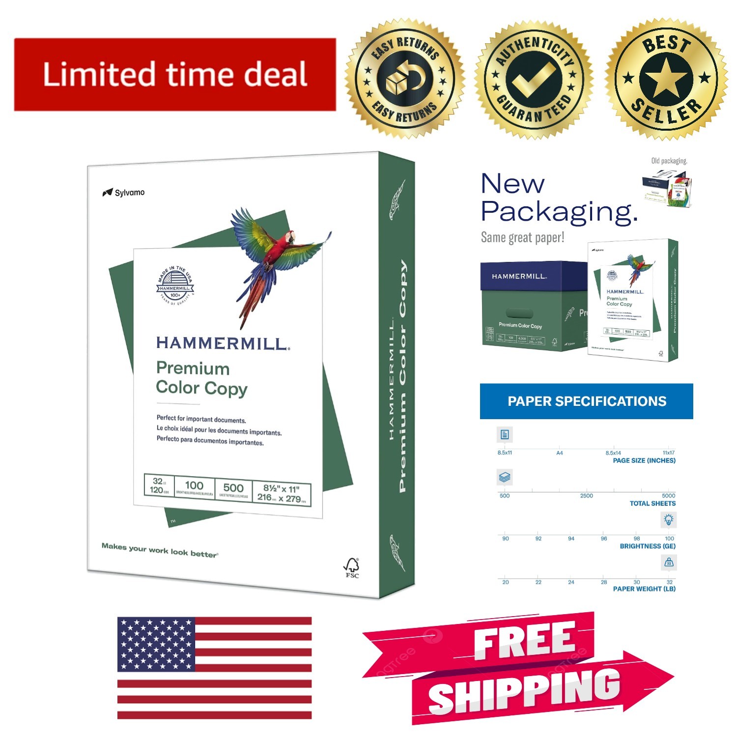 32 lb  Color Copy Paper, 100 Bright, 500 Sheets - Ideal for Presentations