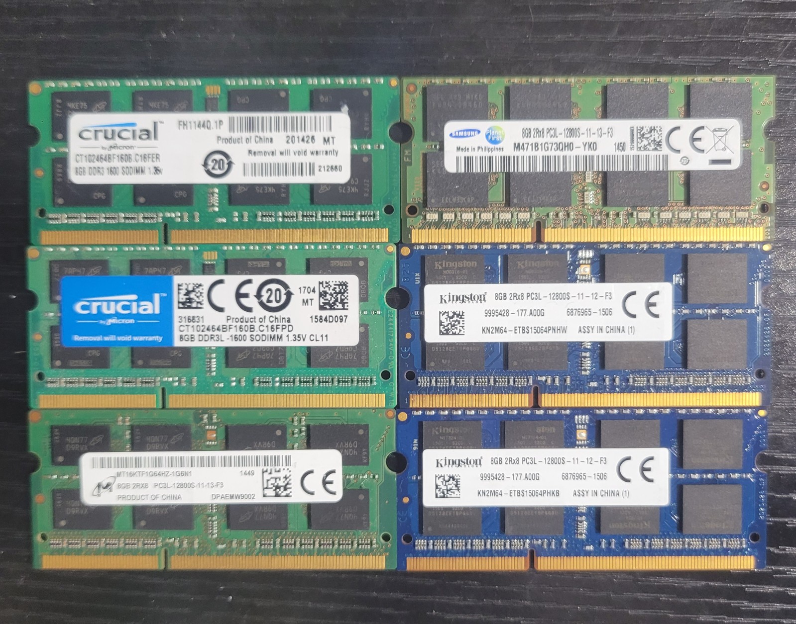 Lot of 6x TESTED WORKING Mixed Major Brands DDR3-1600 8GB SODIMM RAM Modules