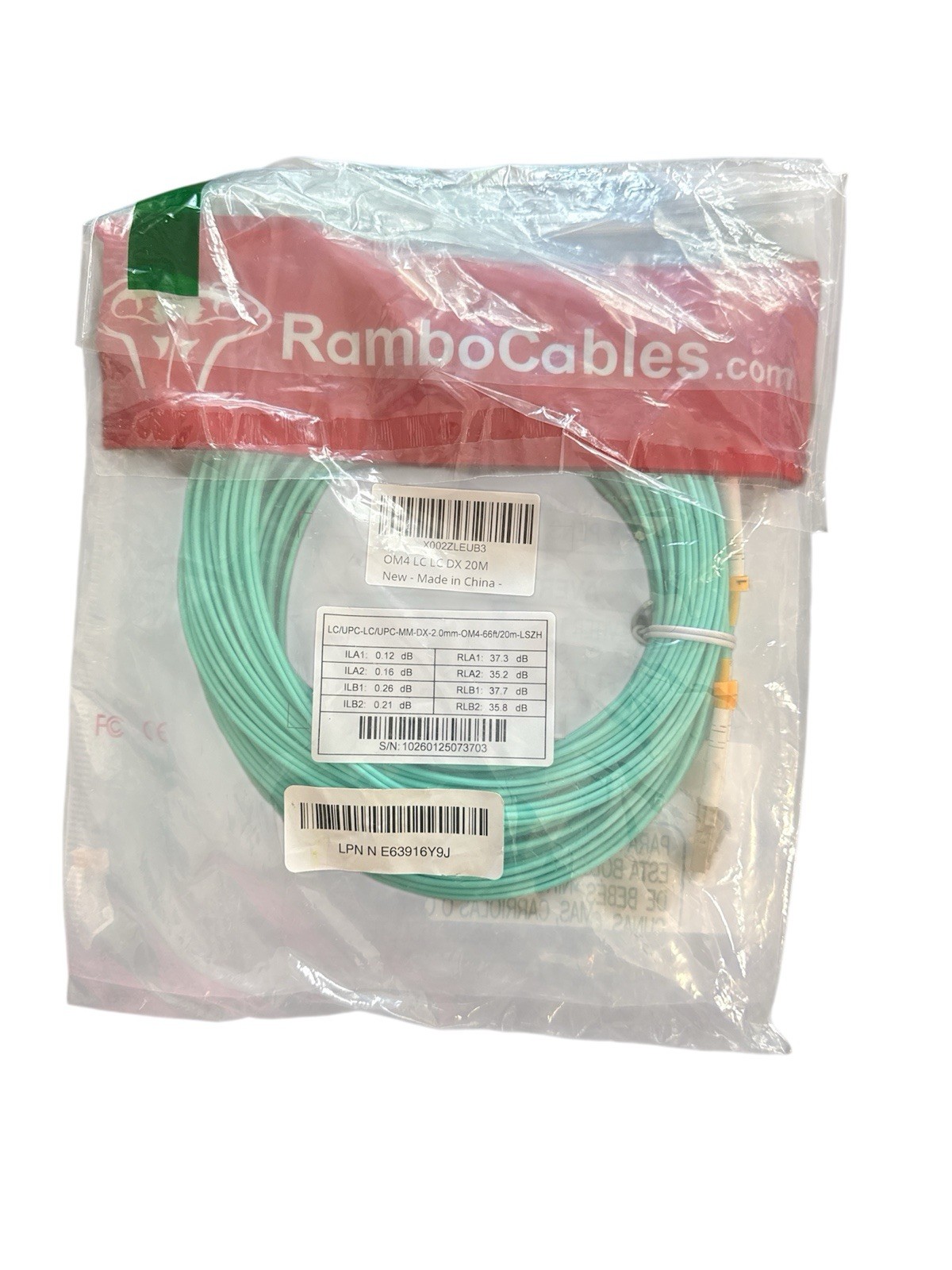 Rambo Cables 20m (65ft) 0M3  Fiber Optic Patch Cable Multimode Duplex