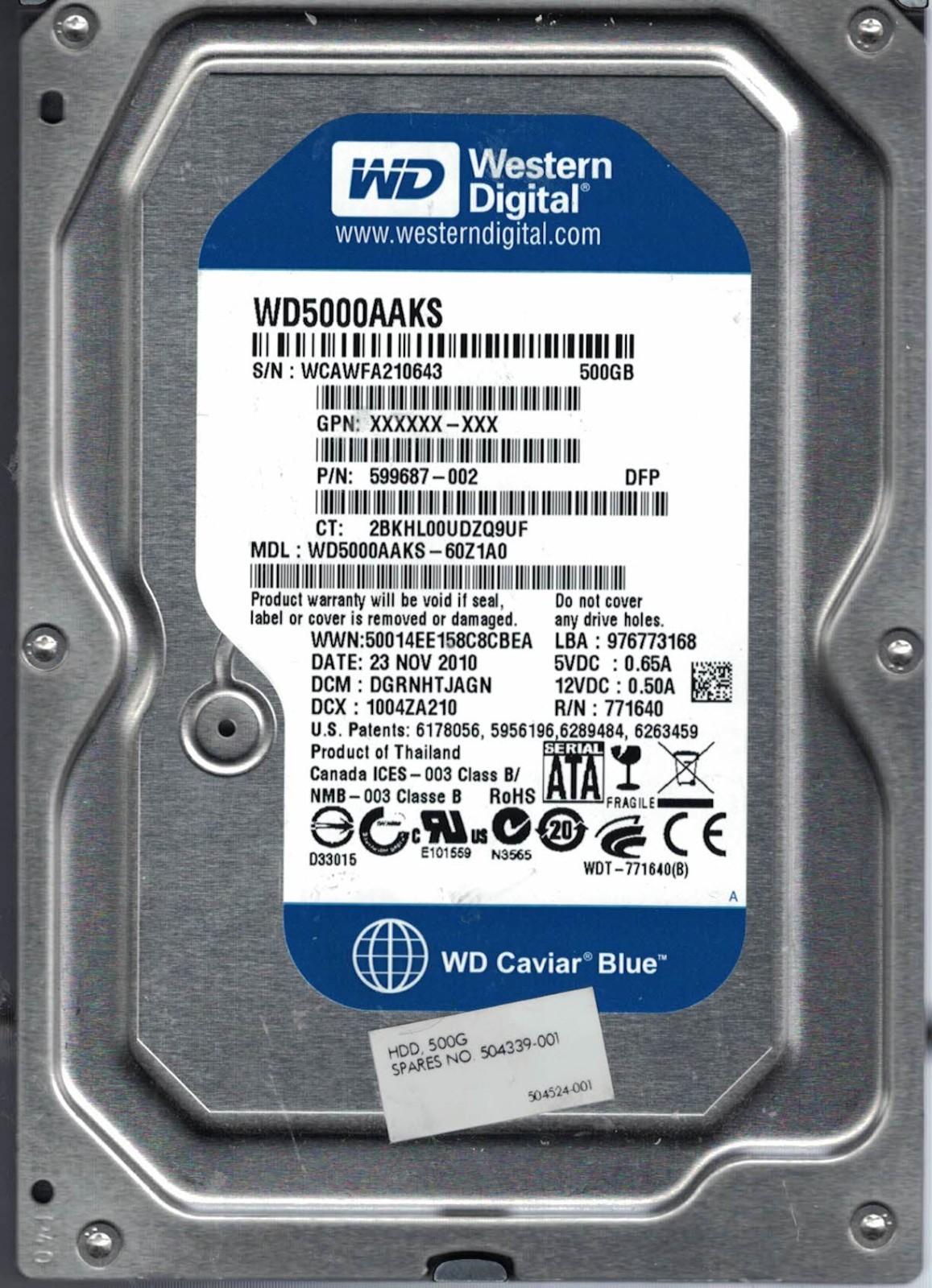 Western Digital WD5000AAKS-60Z1A0 23 Nov 2010 DCM DGRNHTJAGN