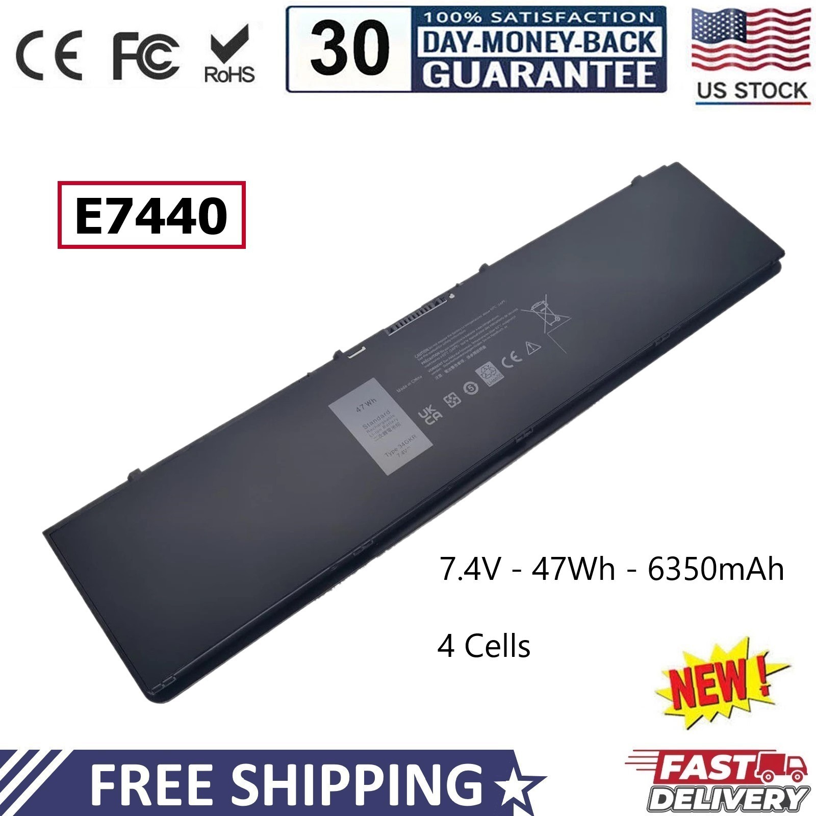 ✅34GKR E7440 4 Cells Battery For Dell Latitude 14 7000 E7450 PFXCR 451-BBFT PC ✅