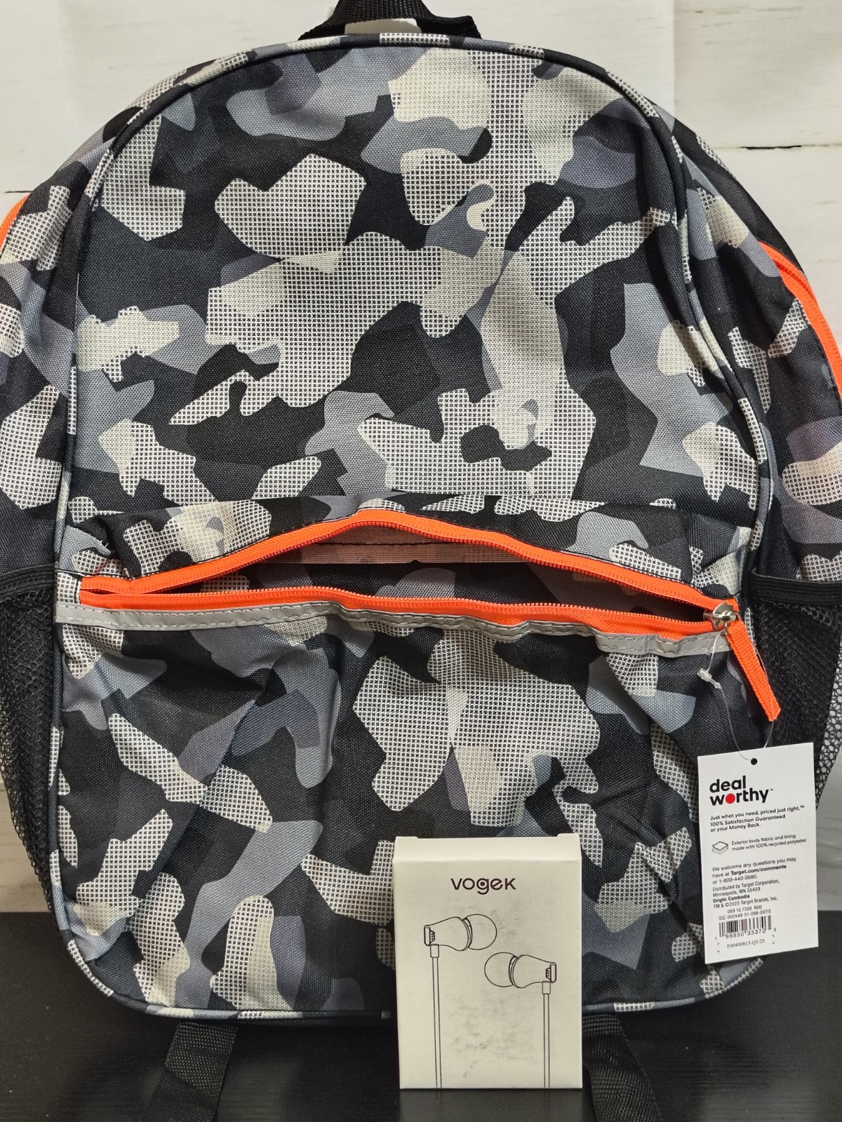 Deal Worthy Laptop Backpack Fits 15in, Gray Camo Black/Orange, and Vogek Earbuds