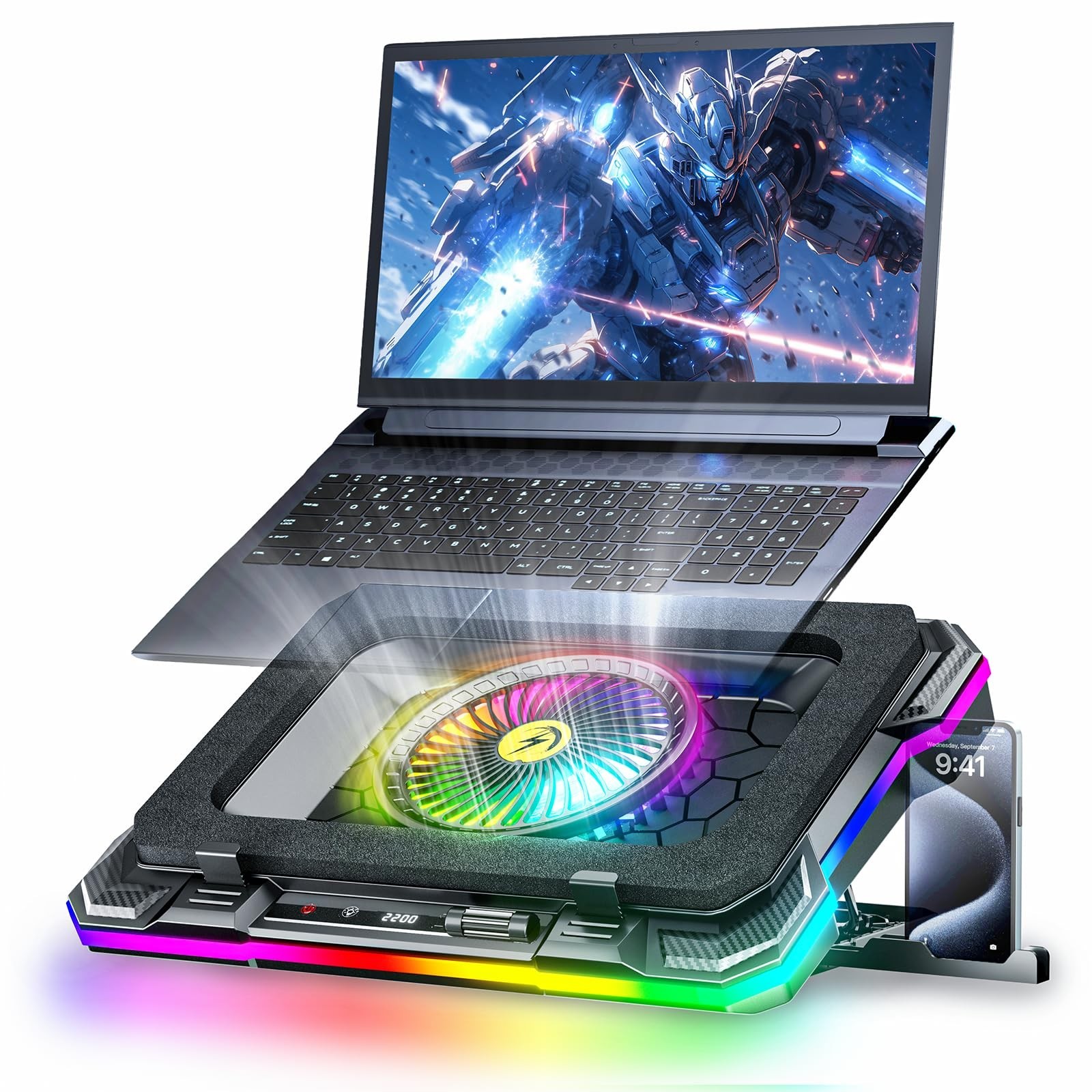 KeiBn Gaming Laptop Cooling Pad, Laptop Fan Cooling Pad with 5.5inch RGB Exte...