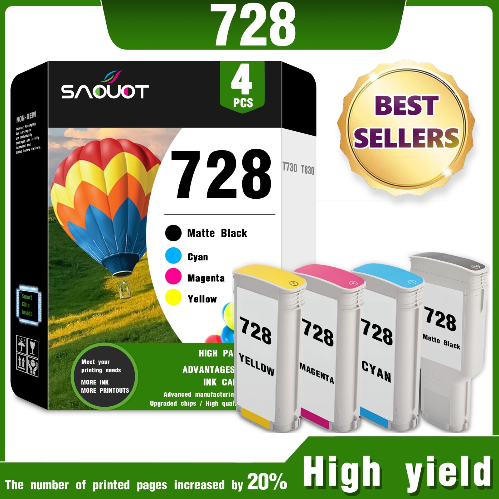 DesignJet 728 Ink (4-Pack) Compatible for HP (300ML) T730 T830 Plotter Printer