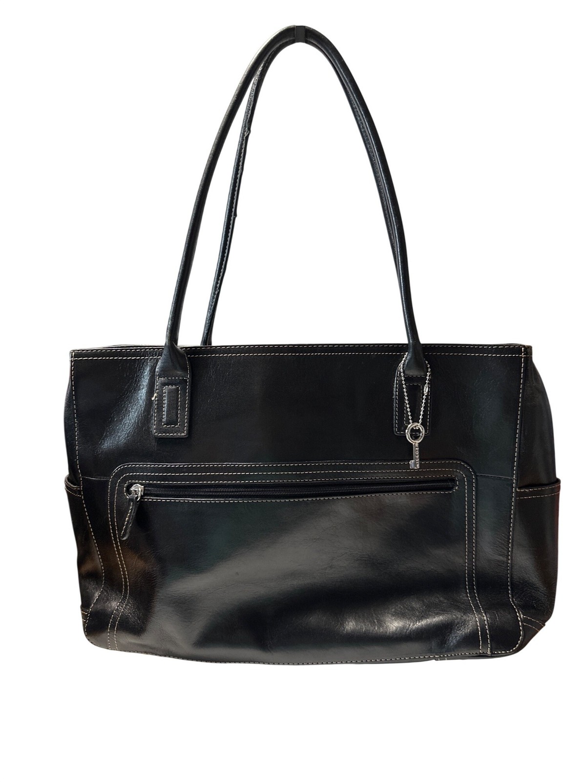 Fossil Black Leather Briefcase Padded Laptop Computer Bag Double Shoulder Strap