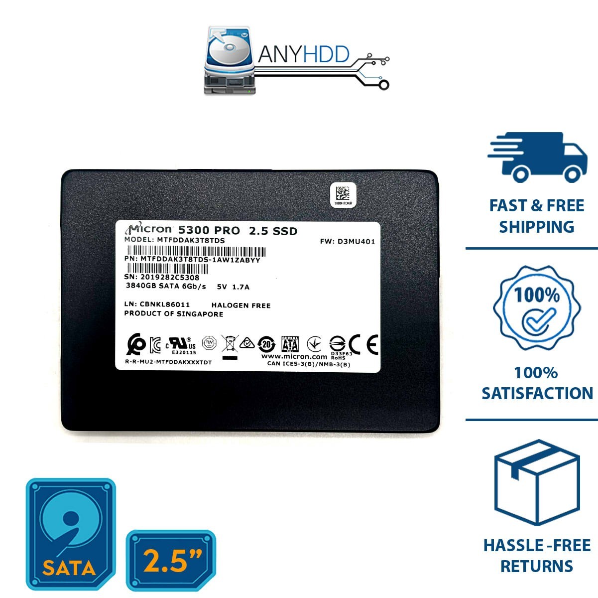 MICRON 3.84TB SATA SSD MTFDDAK3T8TDS-1AW12ABMA - 5300 PRO 6Gb/s 2.5" - 100%H