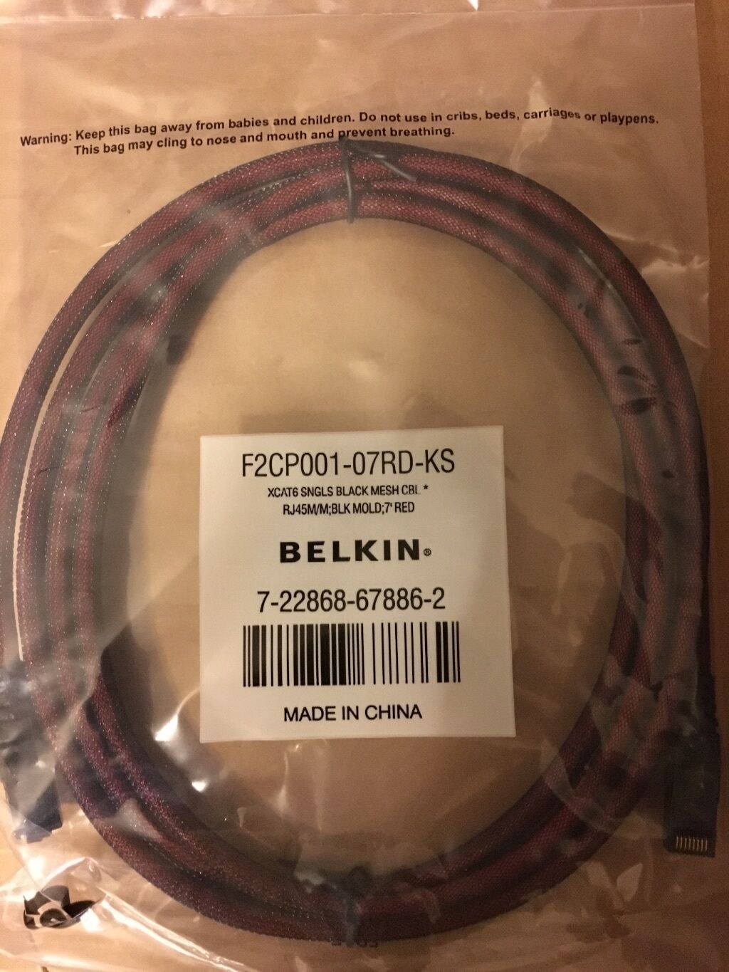Network Gigabit Ethernet Patch Cable 7' Cat 6 Red Mesh Belkin F2CP001-07RD-KS  *