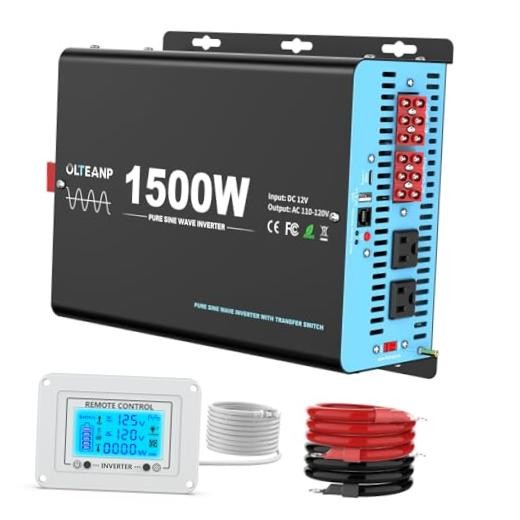 Pure Sine Wave Power Inverter with Transfer Switch, 12V DC to 1500W Light Blue