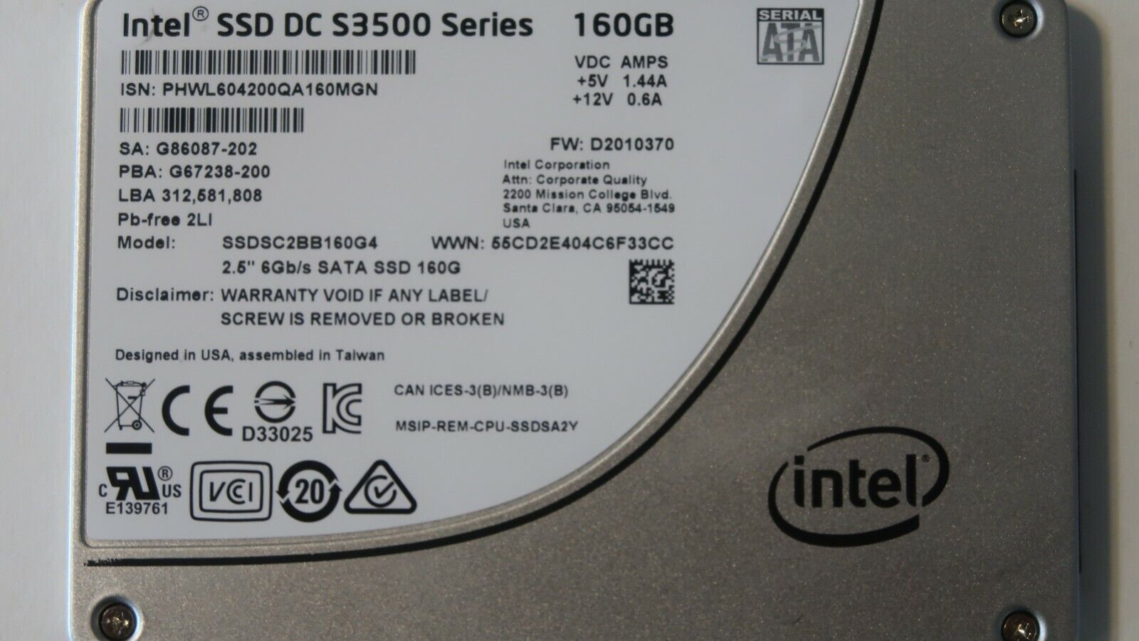 Intel SSDSC2BB160G4 DC S3500 Series 6Gb/s 160gb 2.5