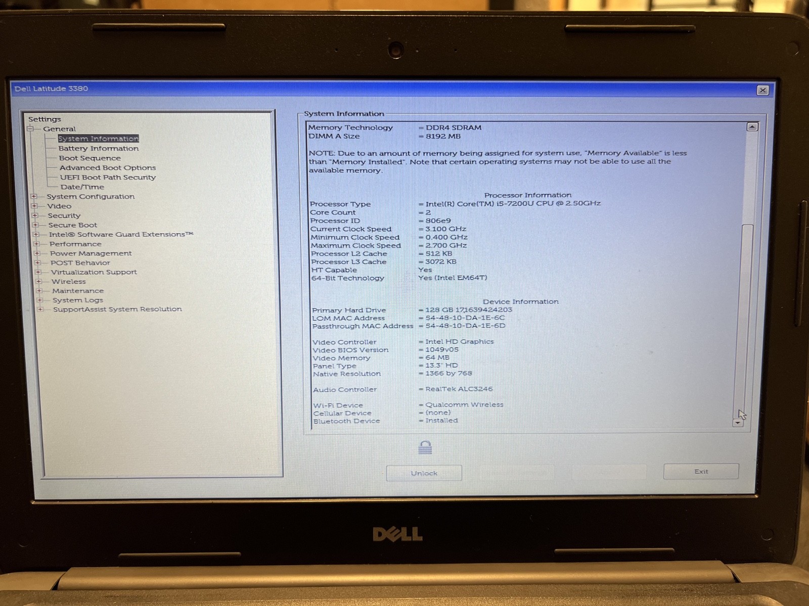 Dell Latitude 3380 13.3" i5-7200U 8GB 128GB SSD Win10 No Power Supply