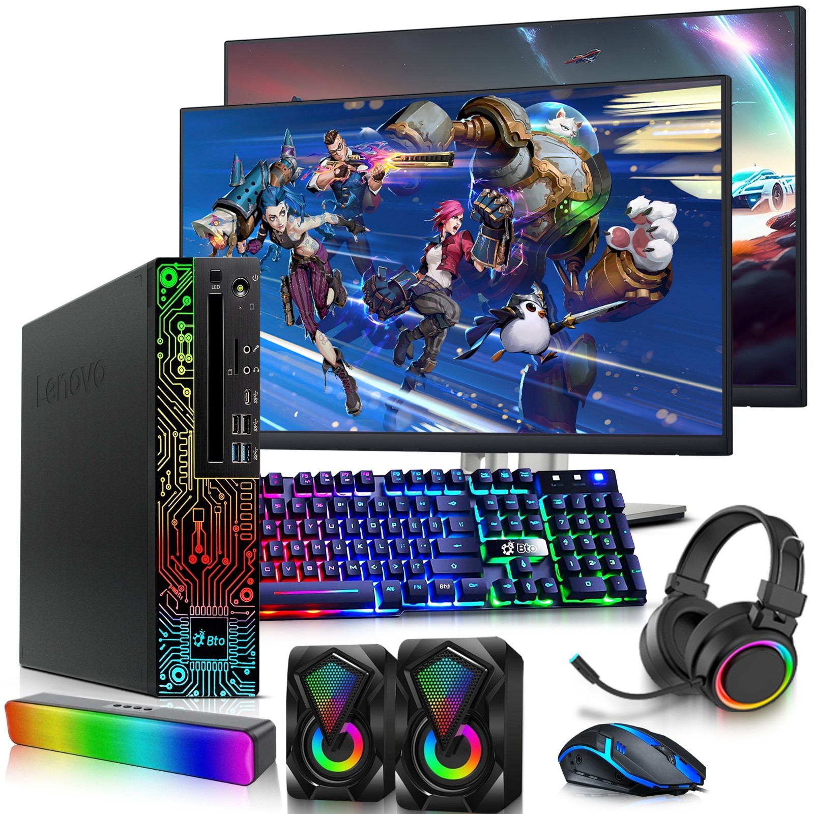 Lenovo RGB Gaming PC i5-8th 32GB 1TB SSD 500GB HDD Dual 24"LED NVIDIA RGBK&M W11