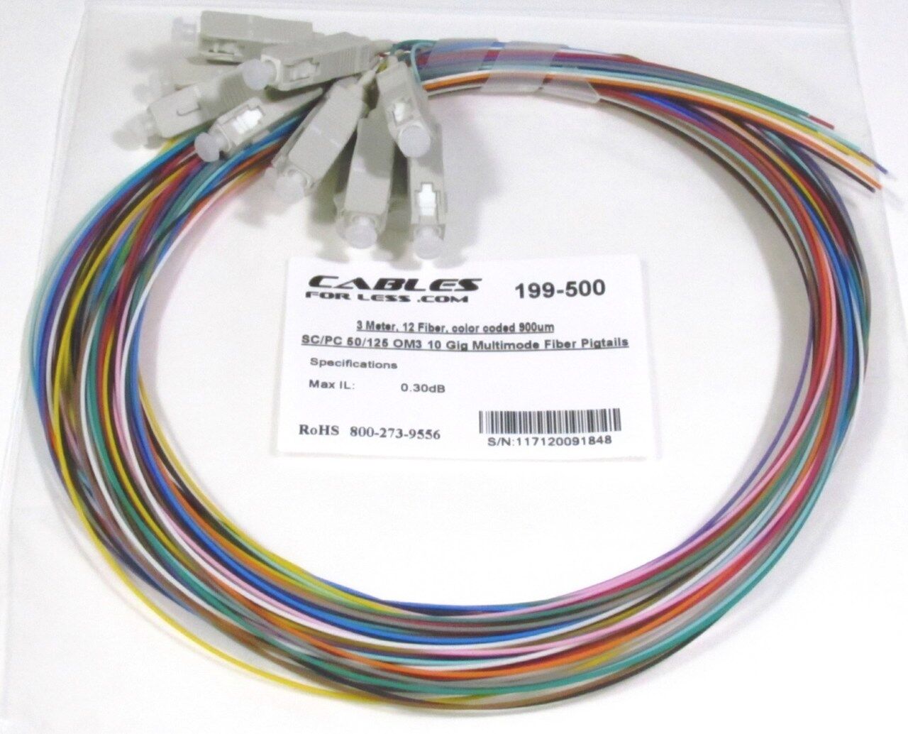3 Meter, 12 Fiber, color coded 900um SC/UPC 50/125 OM3 10 Gig Multimode Fiber Pi