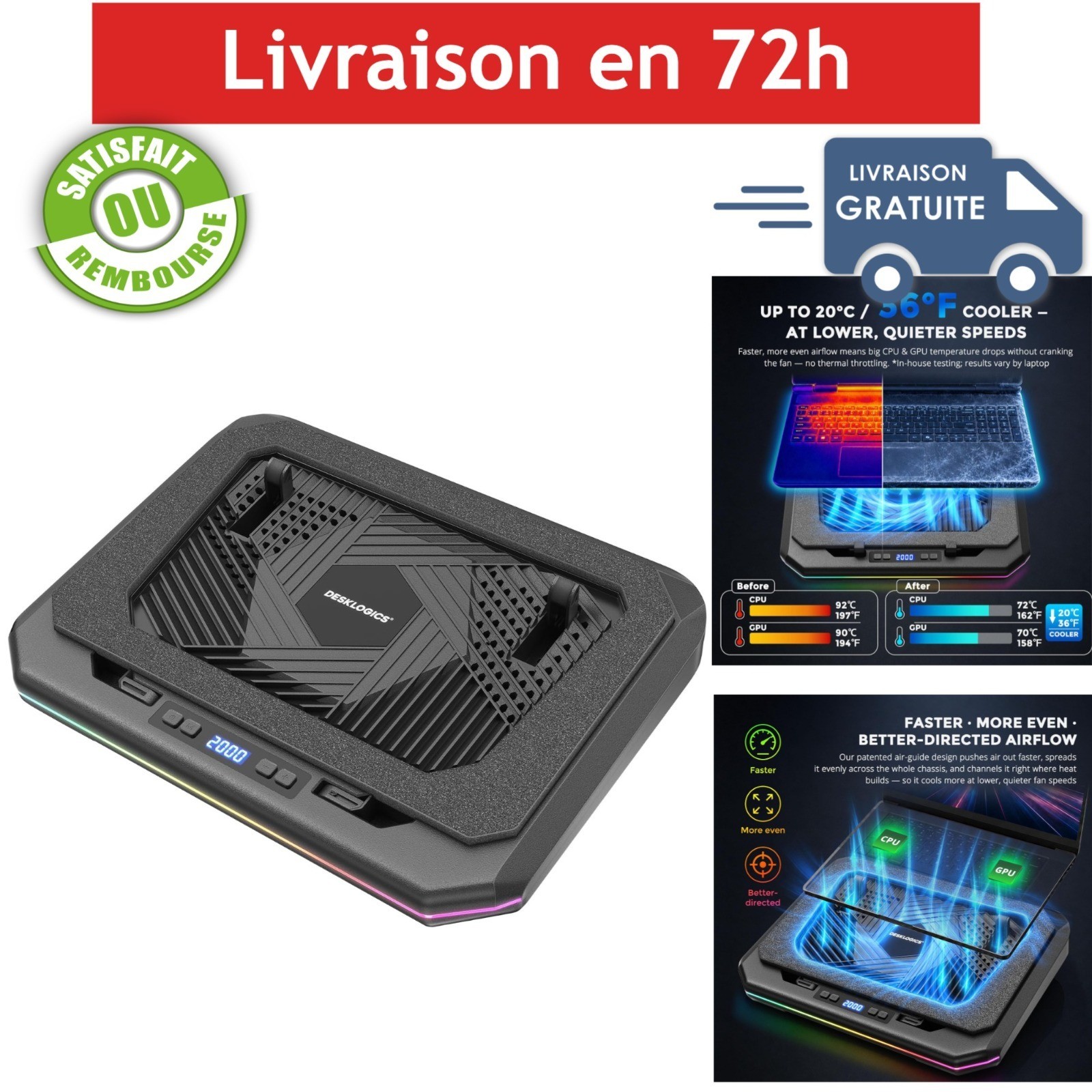 Laptop Cooling Pad 12-19in USB-C 1 Fan RGB Adjustable Stand Black