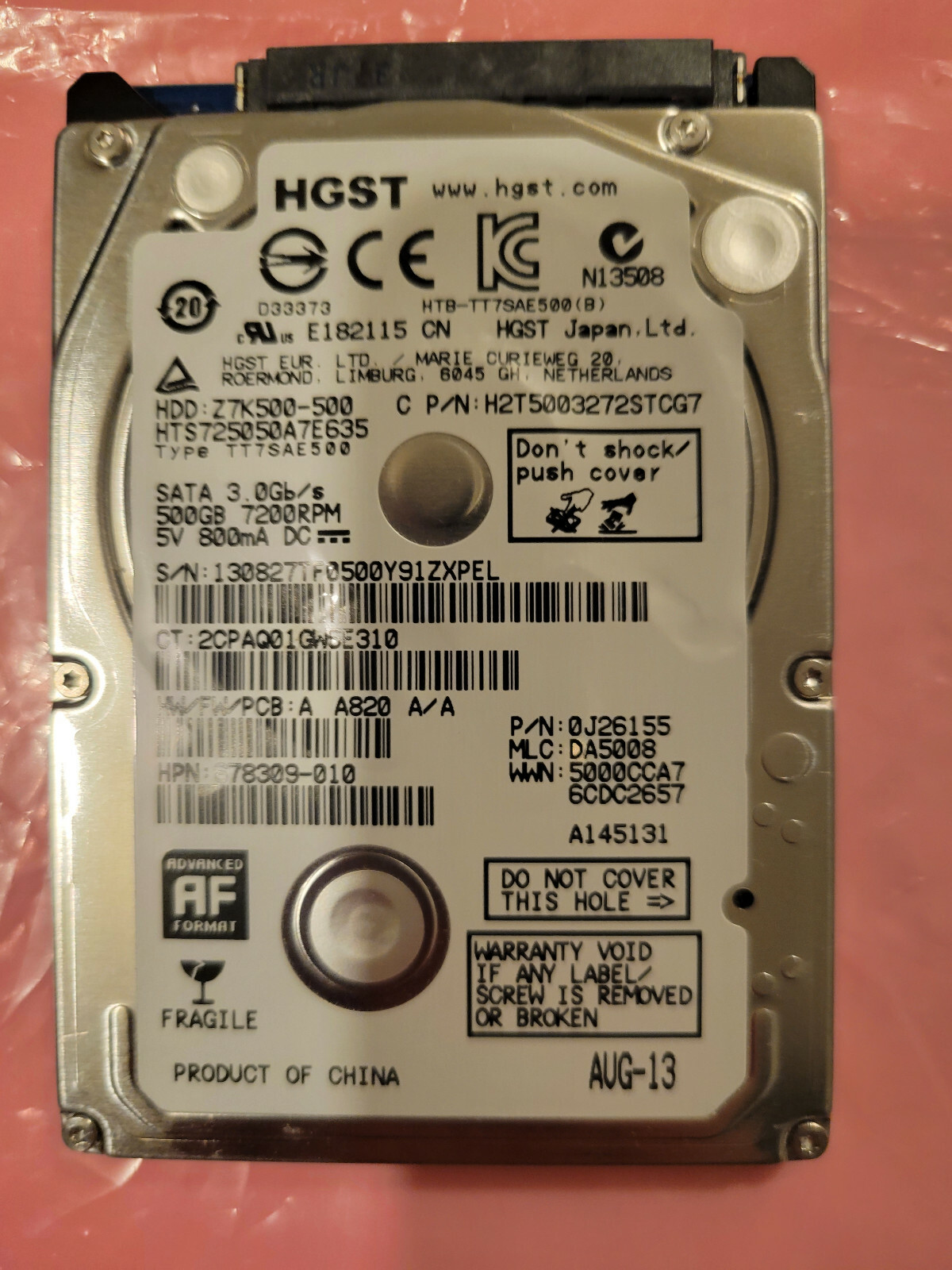 Hitachi HTS725050A7E635 MLC DA5008 PN 0J26155 500GB 2.5" SATA HD 678309-010