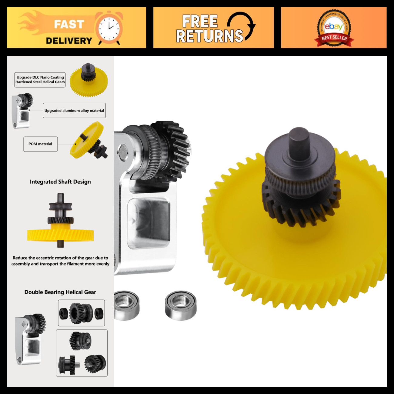 Hardened Steel Dual Gear Extruder Kit for 3D Printers, DLC Coated, POM & Aluminu