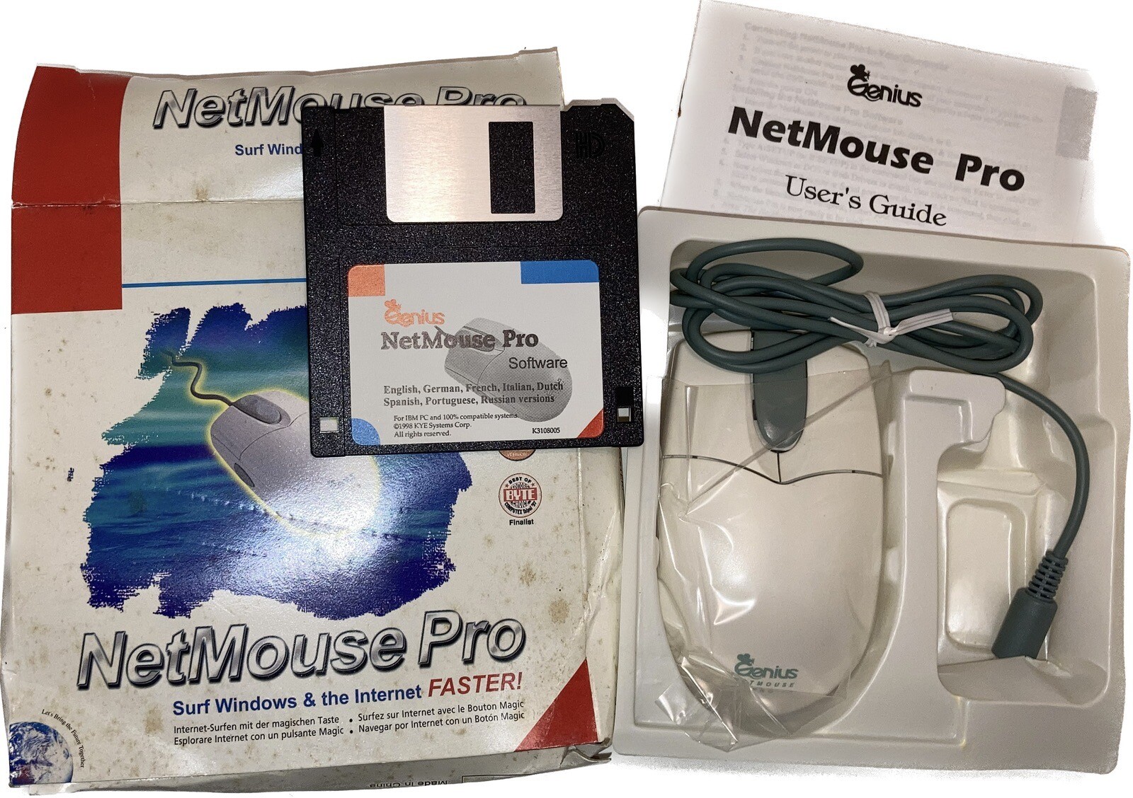 Vintage Genius NetMouse Pro PS/2 Mouse w/ 3.5" Floppy & Original Box NOS