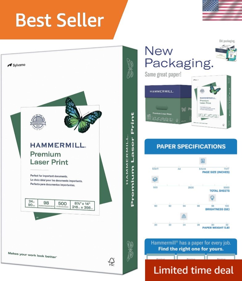 Sustainable 24 lb Legal Size Printer Paper, 500 Sheets, 98 Brightness - USA Made