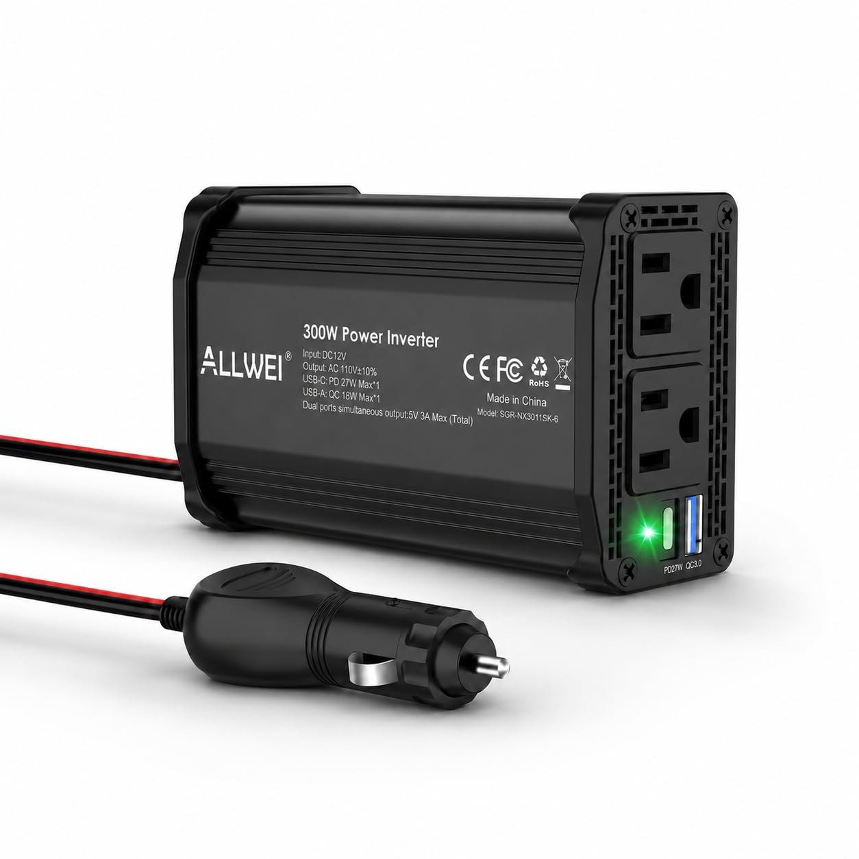 Allwei 300W Power Inverter 12V Dc To 110V Ac Car Plug Adapter Outlet Converter