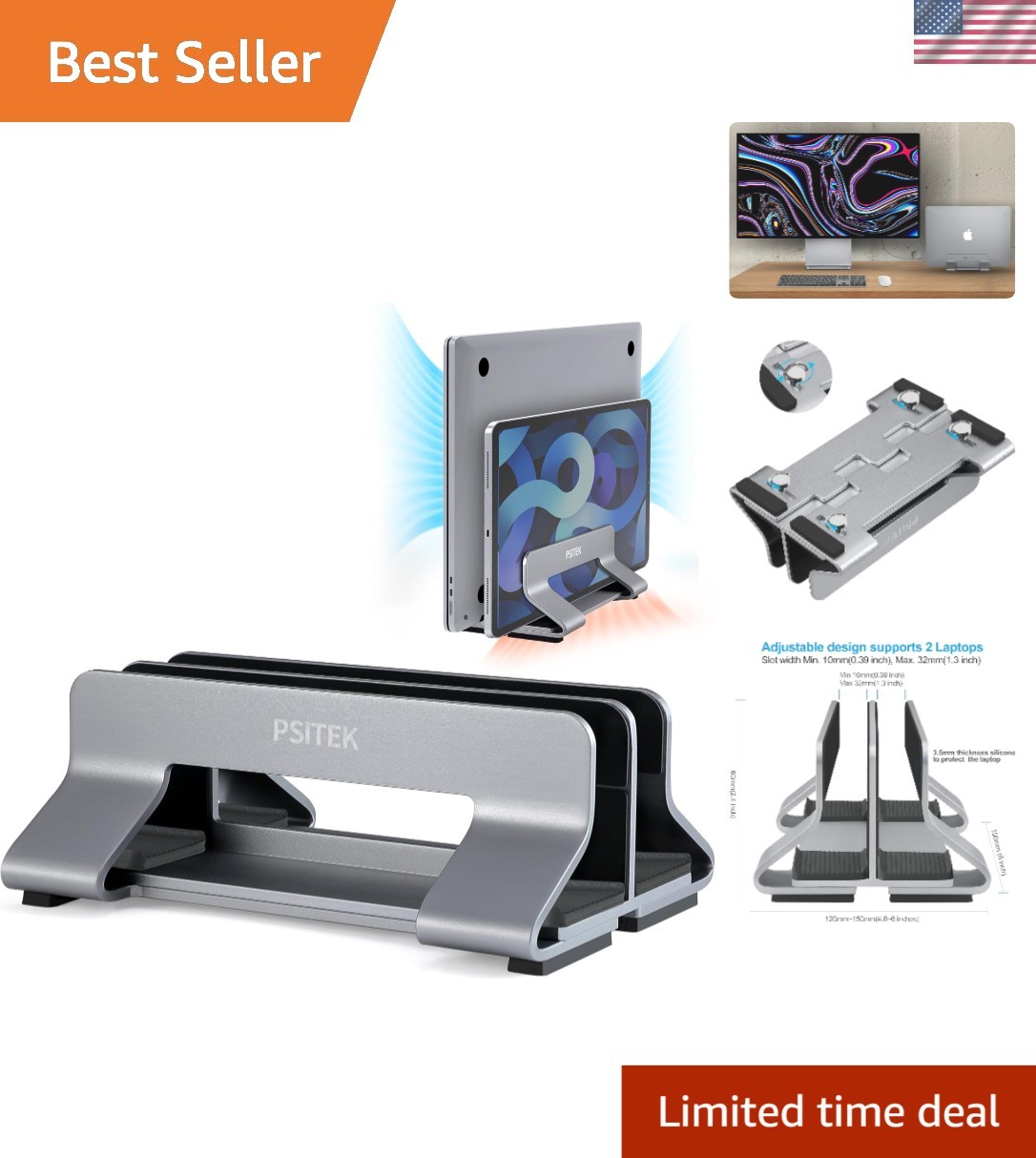 Aluminum Vertical Laptop Dock - Fits 15-36mm, Elegant Workspace Solution