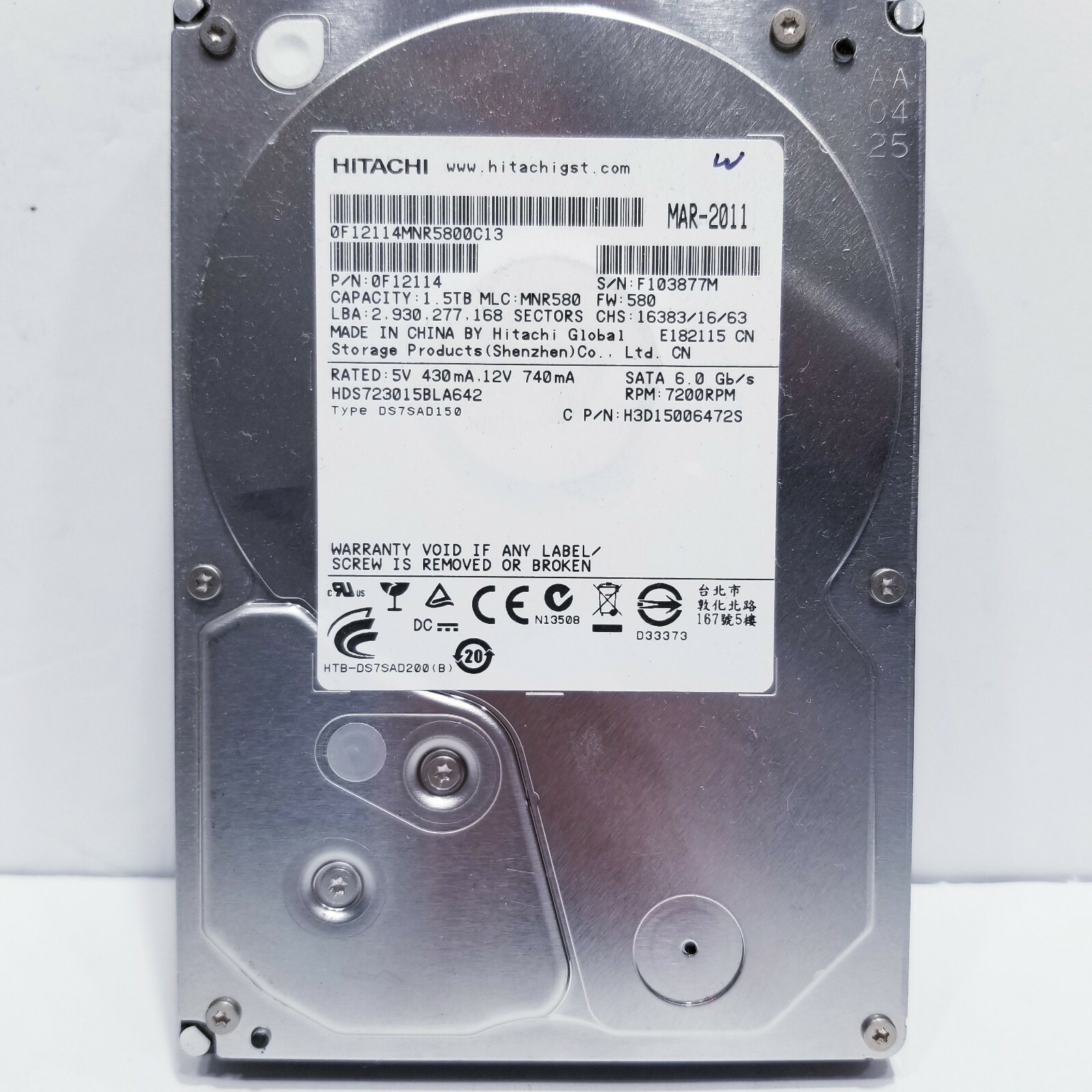 HX] HITACHI HDS723015BLA642 1.5TB  P/N: 0F12114  MLC: MNR580 FW: 580 | F10