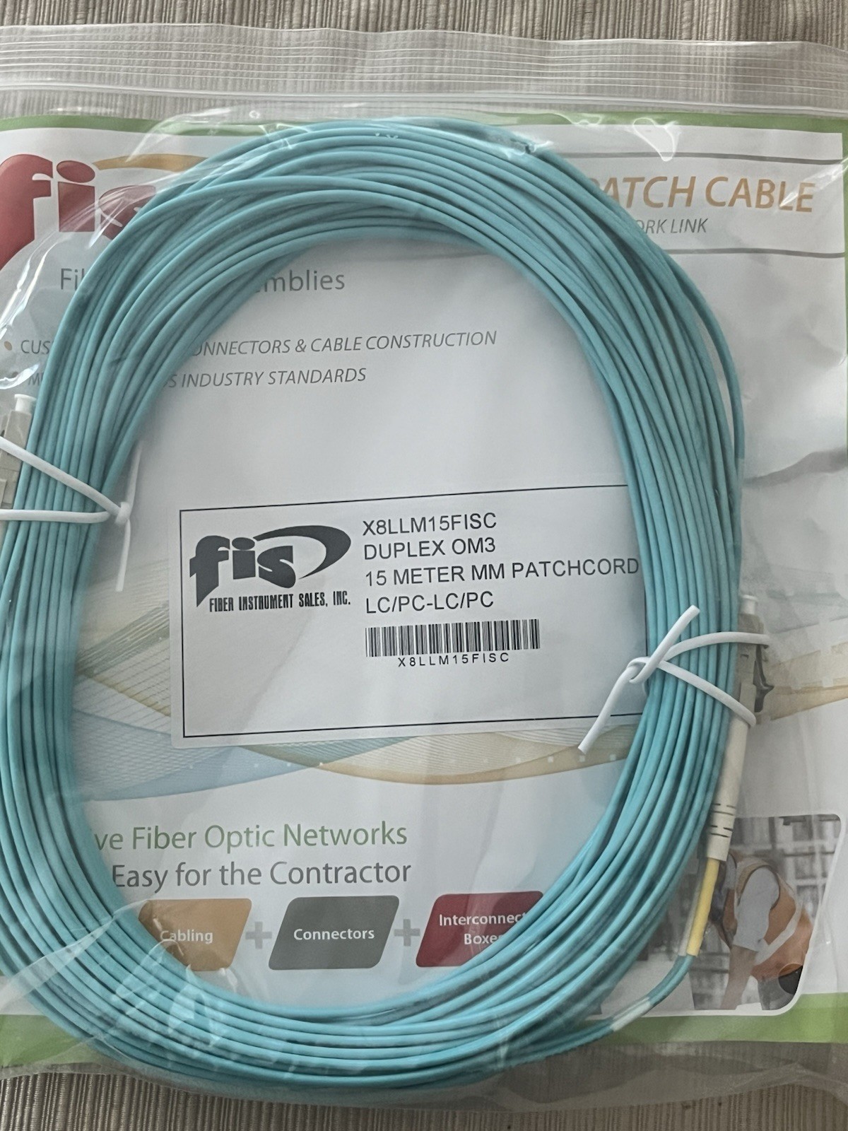 FIS NEW 15 Meter LC/PC‑LC/PC Duplex OM3 Multimode Fiber Optic Patch Cable