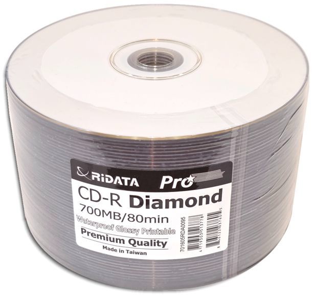 100-Pak Ridata Pro WATERPROOF GLOSSY White Inkjet Hub DIAMONDSILVER 80-Min CD-Rs