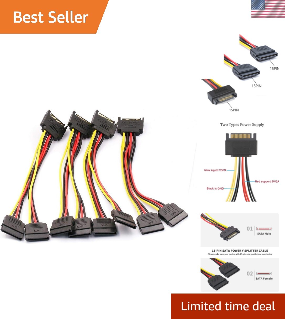Reliable 4-Pack 8-Inch SATA Male to Dual Female Power Splitters - Braided Design