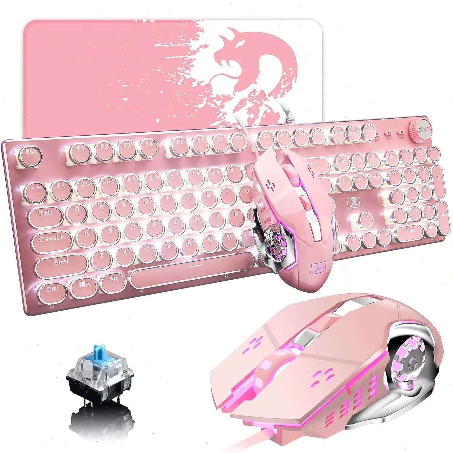 XINMENG X9 Wired Keyboard and Mouse Combo 104-Key Mechanical White LED with Knob